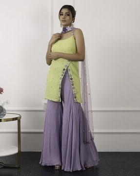 embellished straight kurta with sharara & dupatta