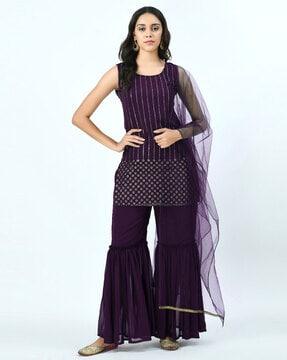 embellished straight kurta with sharara & dupatta