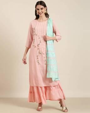 embellished straight kurta with sharara & dupatta