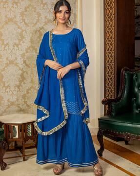 embellished straight kurta with sharara & dupatta