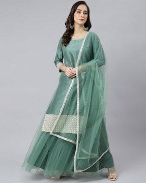 embellished straight kurta with skirt & dupatta