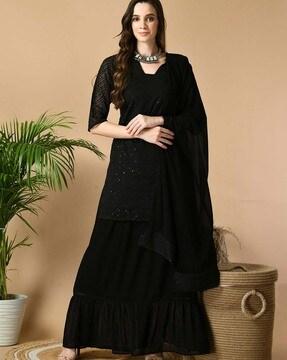 embellished straight kurta with skirt & dupatta