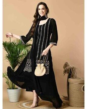 embellished straight kurta with skirt & dupatta