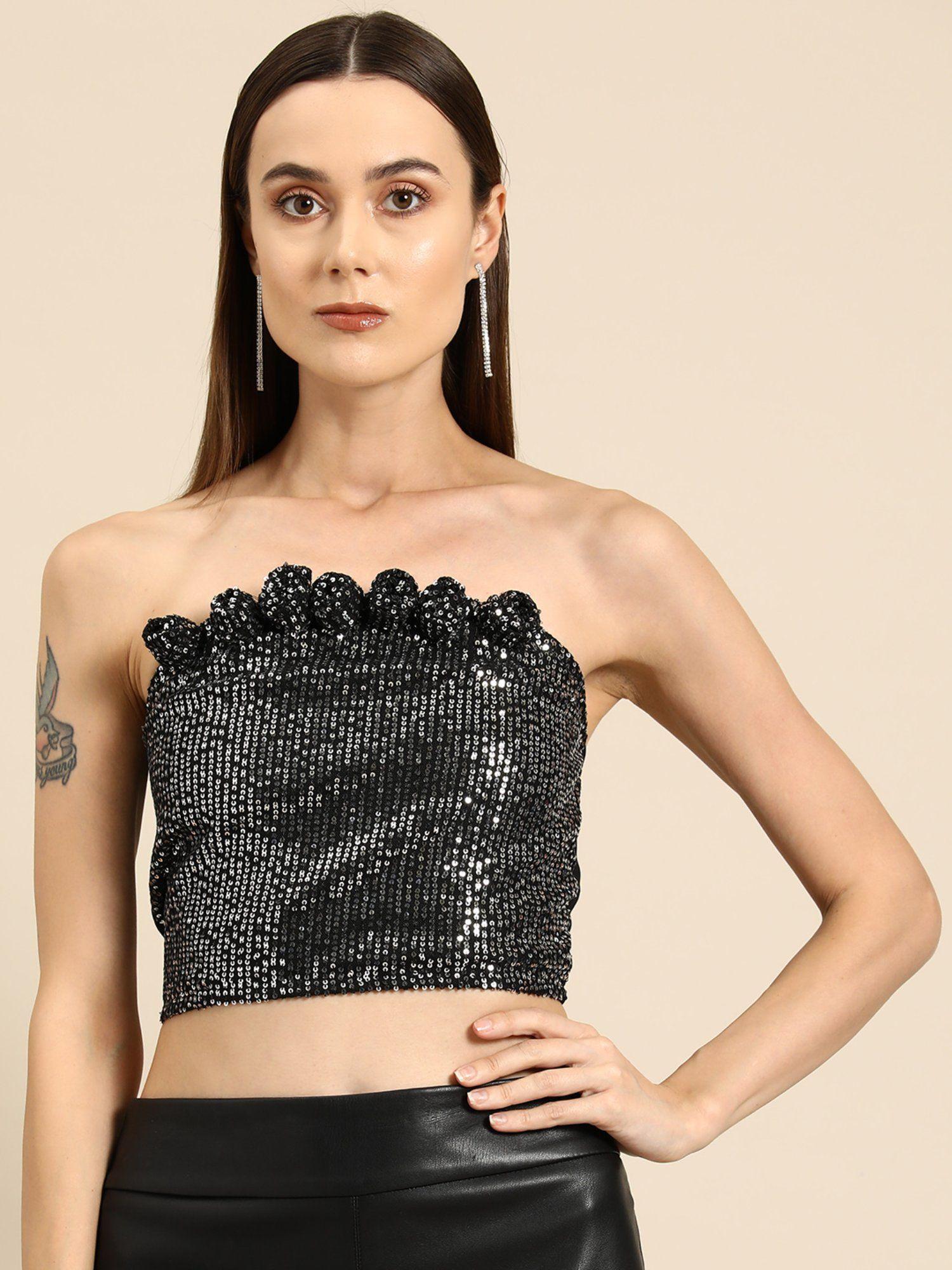 embellished strapless tube crop top - black