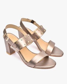 embellished strappy chunky heeled sandals with buckle closure