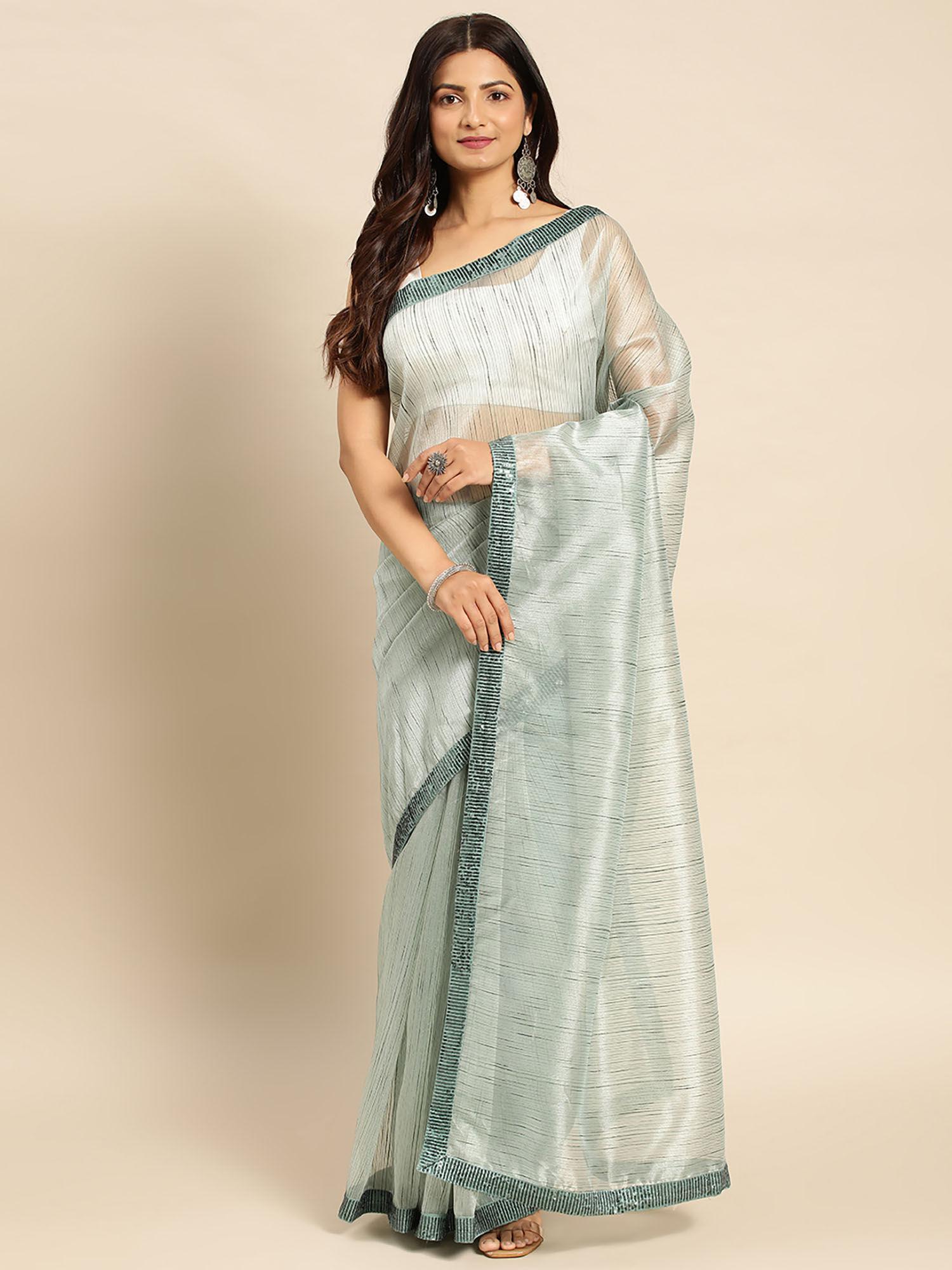 embellished striped sequined pure georgette saree with unstitched blouse