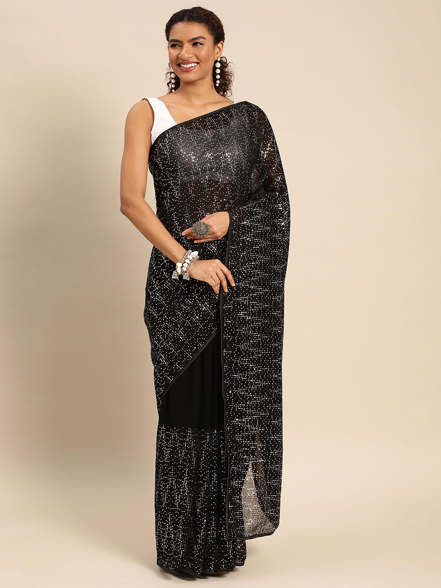 embellished striped sequined saree with unstitched blouse