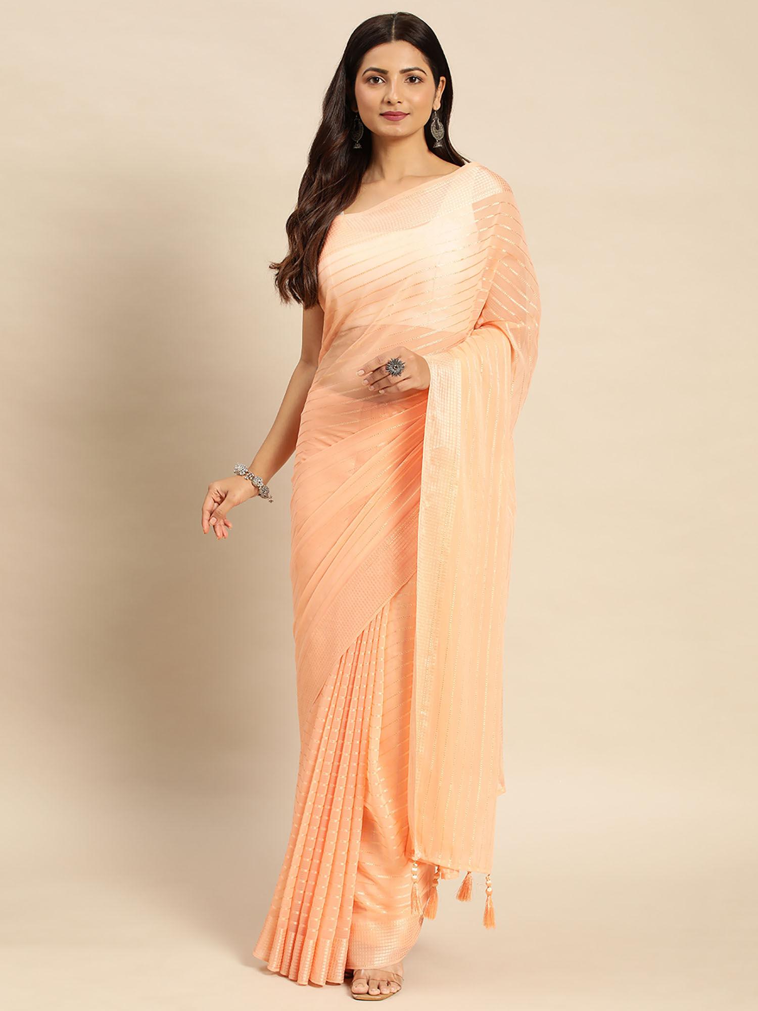 embellished striped sequined satin saree with unstitched blouse