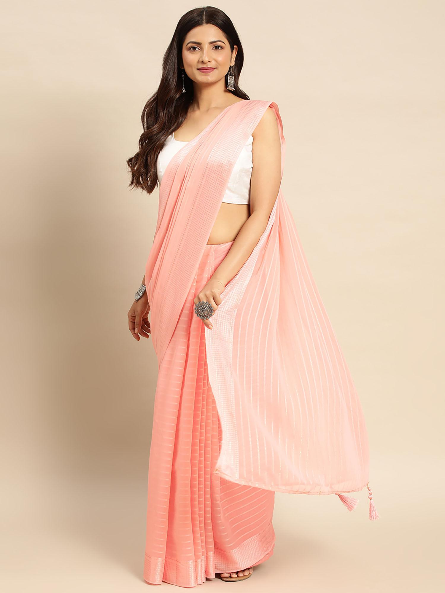 embellished striped sequined satin saree with unstitched blouse