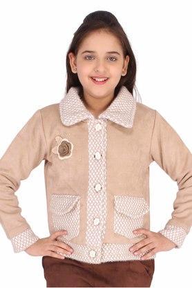 embellished suede and tweed collar neck girls jacket - natural