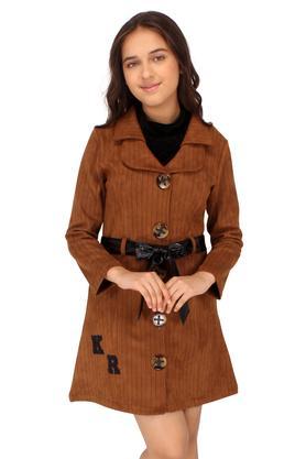 embellished suede collared girls party wear shift dress with long coat shrug & leather belt - brown