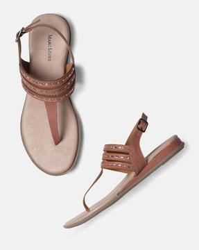 embellished t-strap sandals with buckle closure