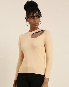 embellished top with dangling neckline