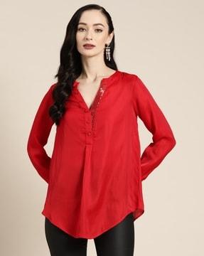 embellished top with mandarin collar