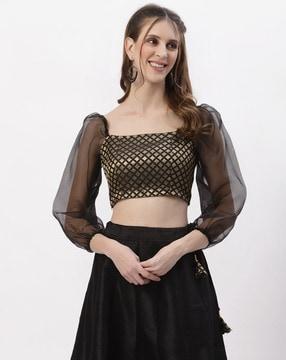 embellished top with puff sleeves