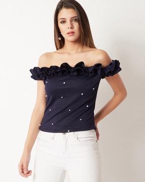 embellished top with ruffled off-shoulder