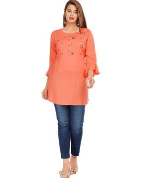 embellished tunic top with bell sleeves