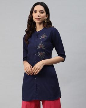 embellished tunic with mandarin collar