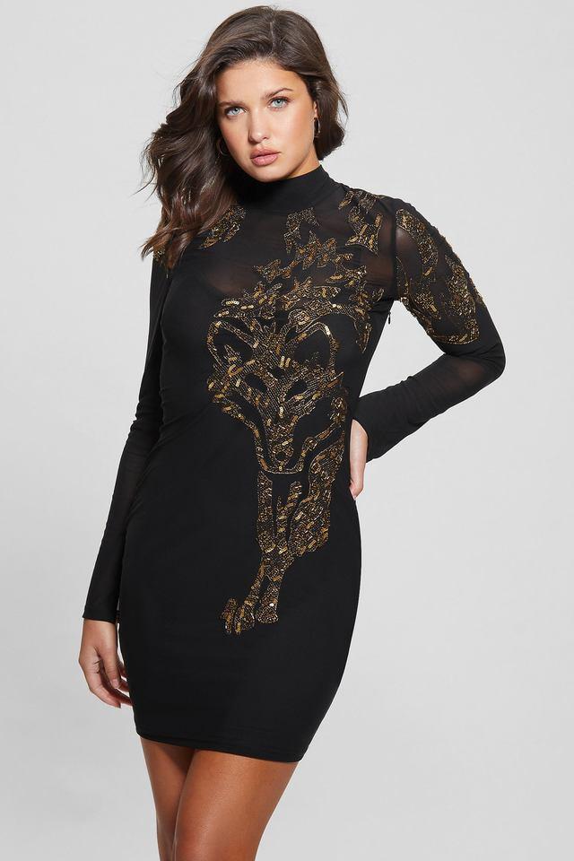 embellished turtle neck cotton blend womens mini dress