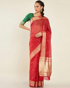 embellished tussar saree with tassels