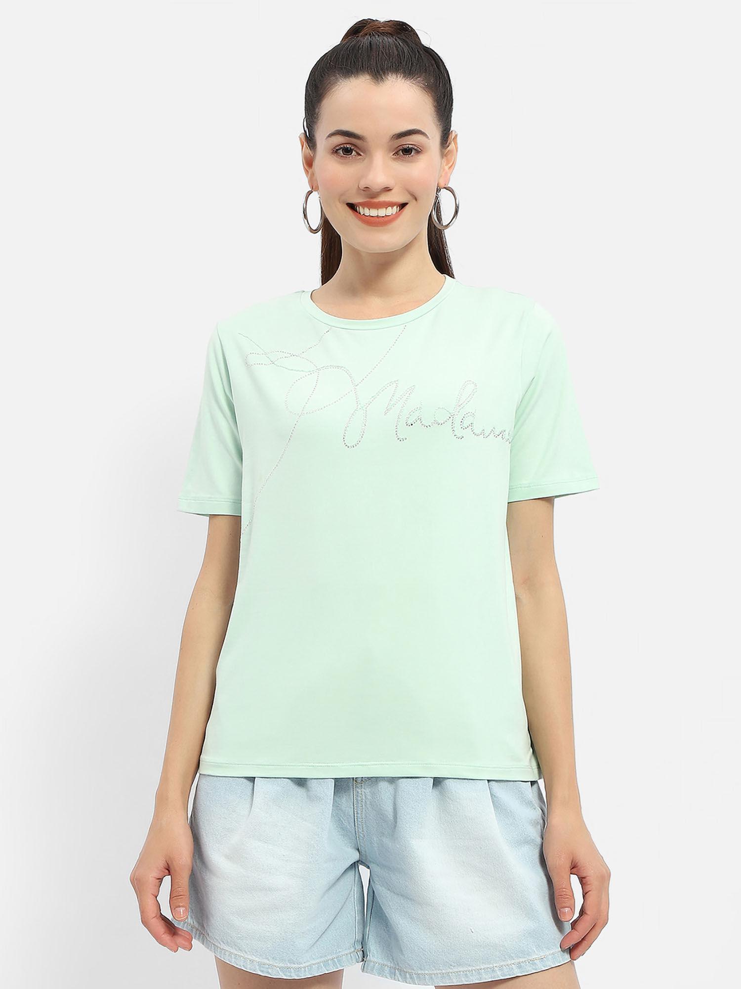 embellished typography mint green regular t-shirt