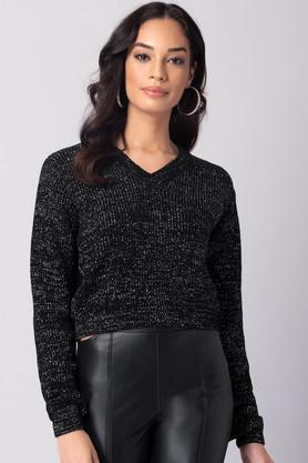 embellished v-neck acrylic women's casual wear sweater - black