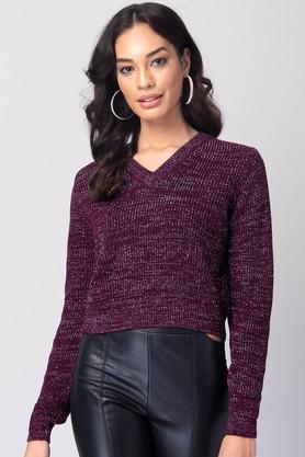 embellished v-neck acrylic women's casual wear sweater - purple
