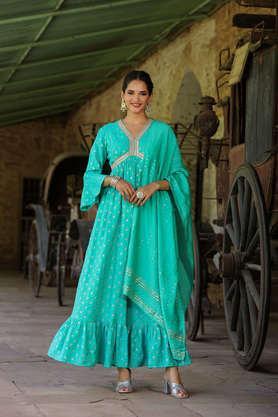 embellished v-neck cotton women's dress - turquoise