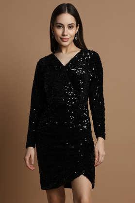 embellished v-neck polyester women's knee length dress - black