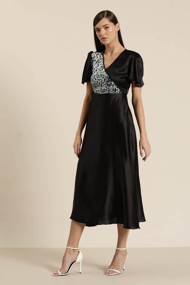 embellished v-neck satin womens dress