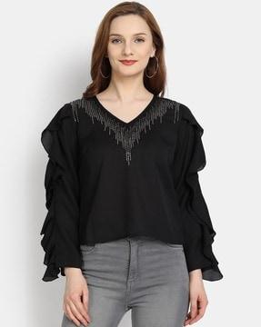 embellished v-neck top with ruffle accent