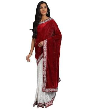 embellished velvet & net saree with lace border