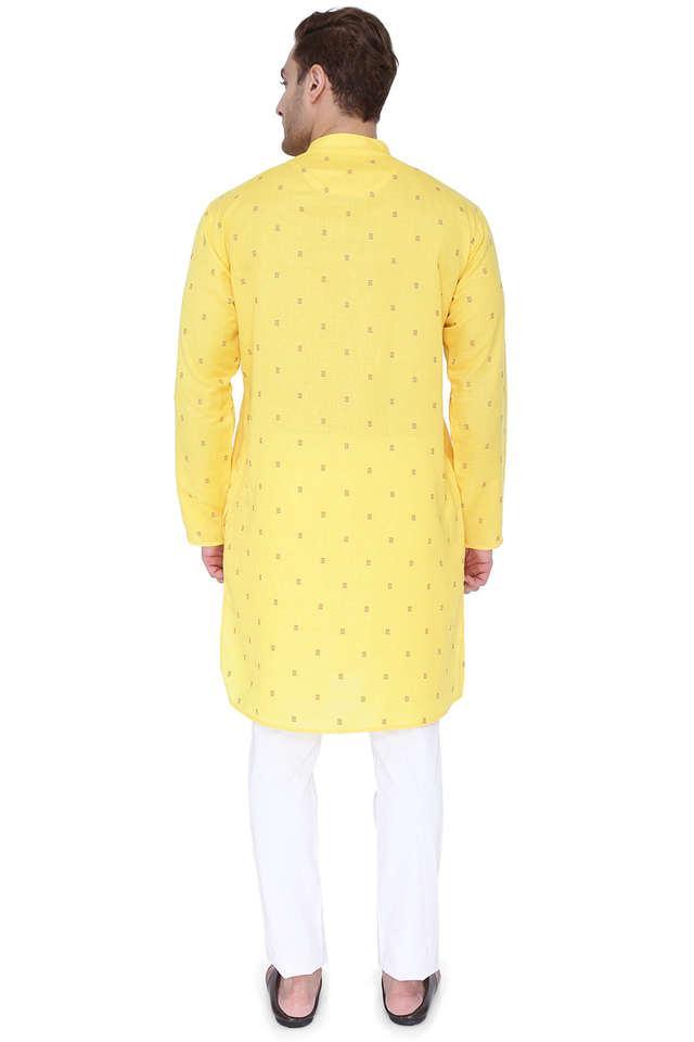 embellished viscose tapered fit men's casual kurta - yellow