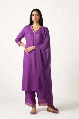 embellished viscose v-neck women's kurta - purple