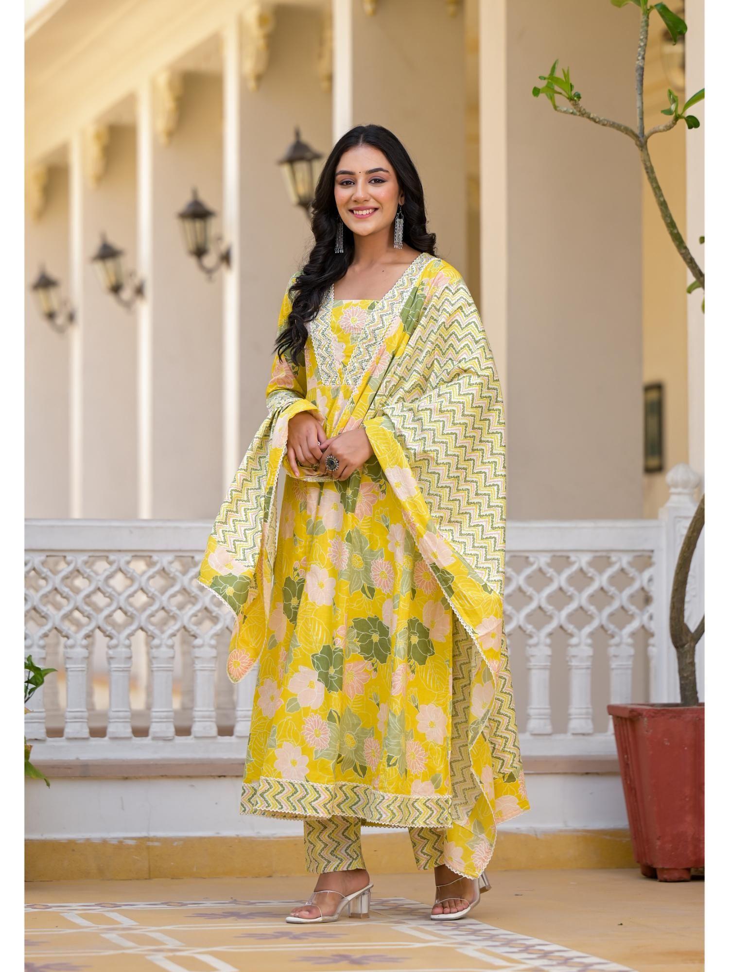 embellished yoke yellow cotton cambric anarkali with printed pants and dupatta (set of 3)