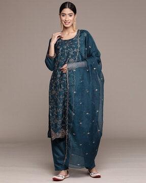 embellished zari silk straight kurta set