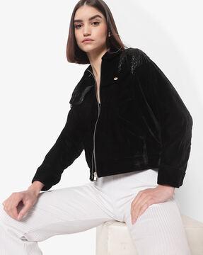embellished zip-front jacket with pockets