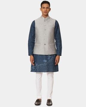embossed nehru jacket with mandarin collar