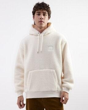 embossed text hoodie with kangaroo pocket