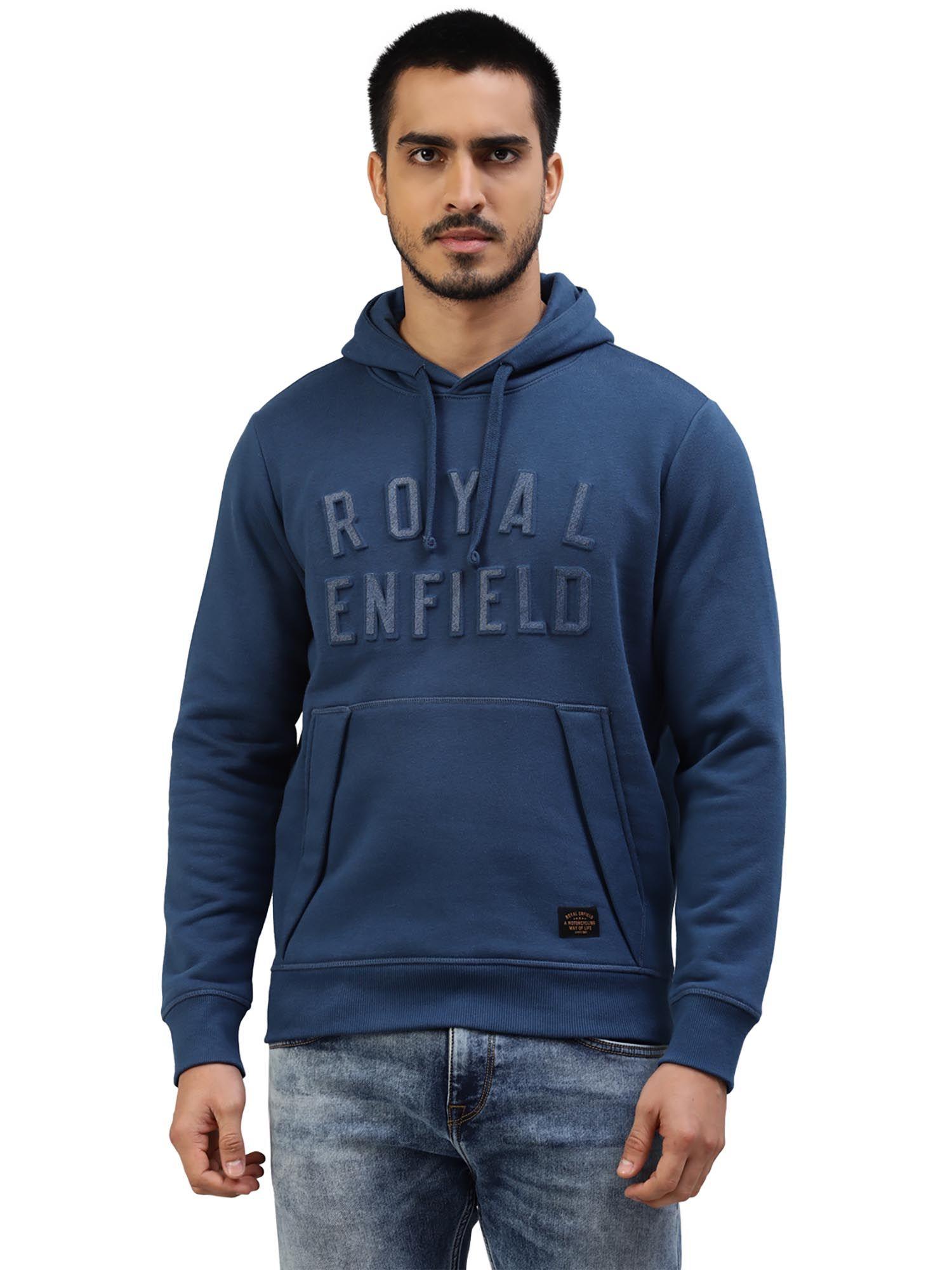 embossed branded pull-over hoodie blue