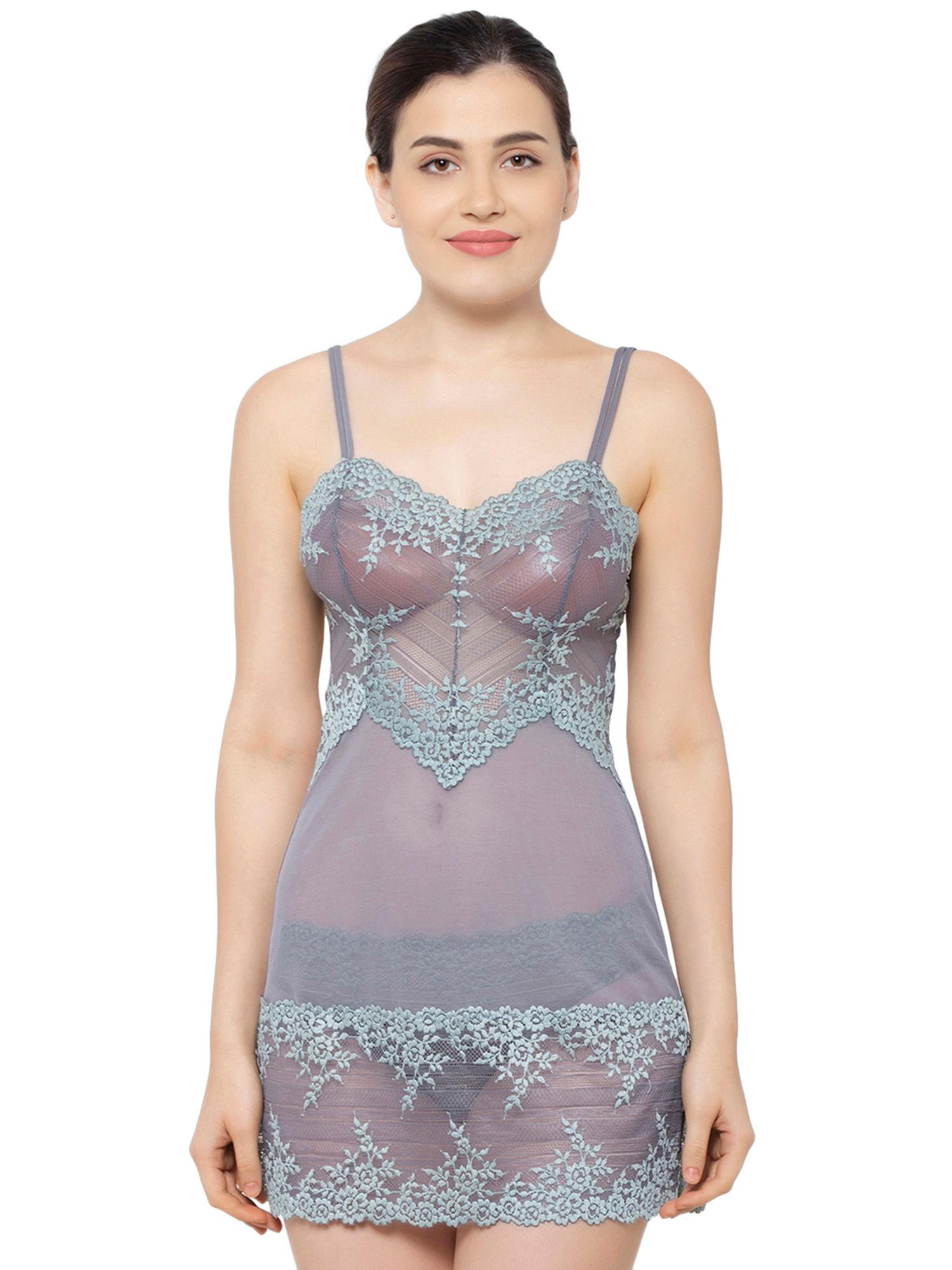 embrace lace short lacy baby doll chemise - grey