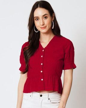 embroided v-neck top with puff sleeves