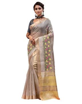embroidered  linen saree  with tassels