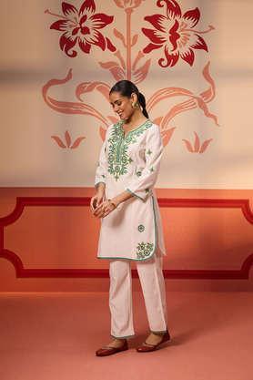 embroidered above knee blended fabric women's kurta set - ivory