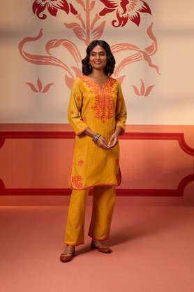 embroidered above knee blended fabric women's kurta set - mustard