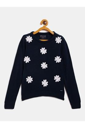 embroidered acrylic round neck girls sweater - navy