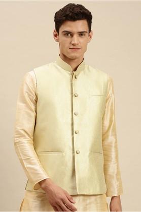 embroidered art silk regular fit men's nehru jacket - pista green