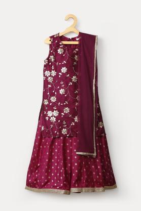 embroidered art silk round neck girls salwar kurta set - magenta