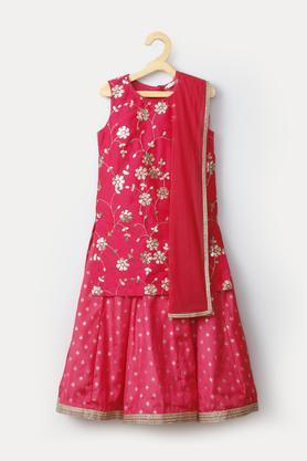 embroidered art silk round neck girls salwar kurta set - pink