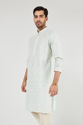 embroidered blended fabric regular fit men's kurta - aqua
